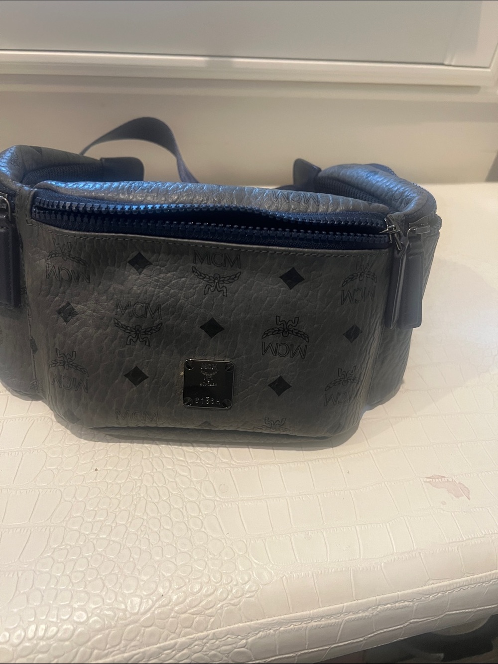 Authentic MCM Black Signature Print Leather Belt Bag